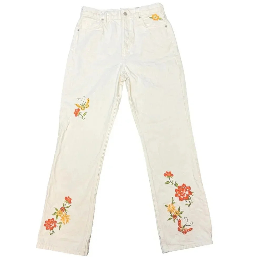Reformation Cynthia High Rise Straight Leg Jeans Floral Embroidered Boho SZ‎ 28